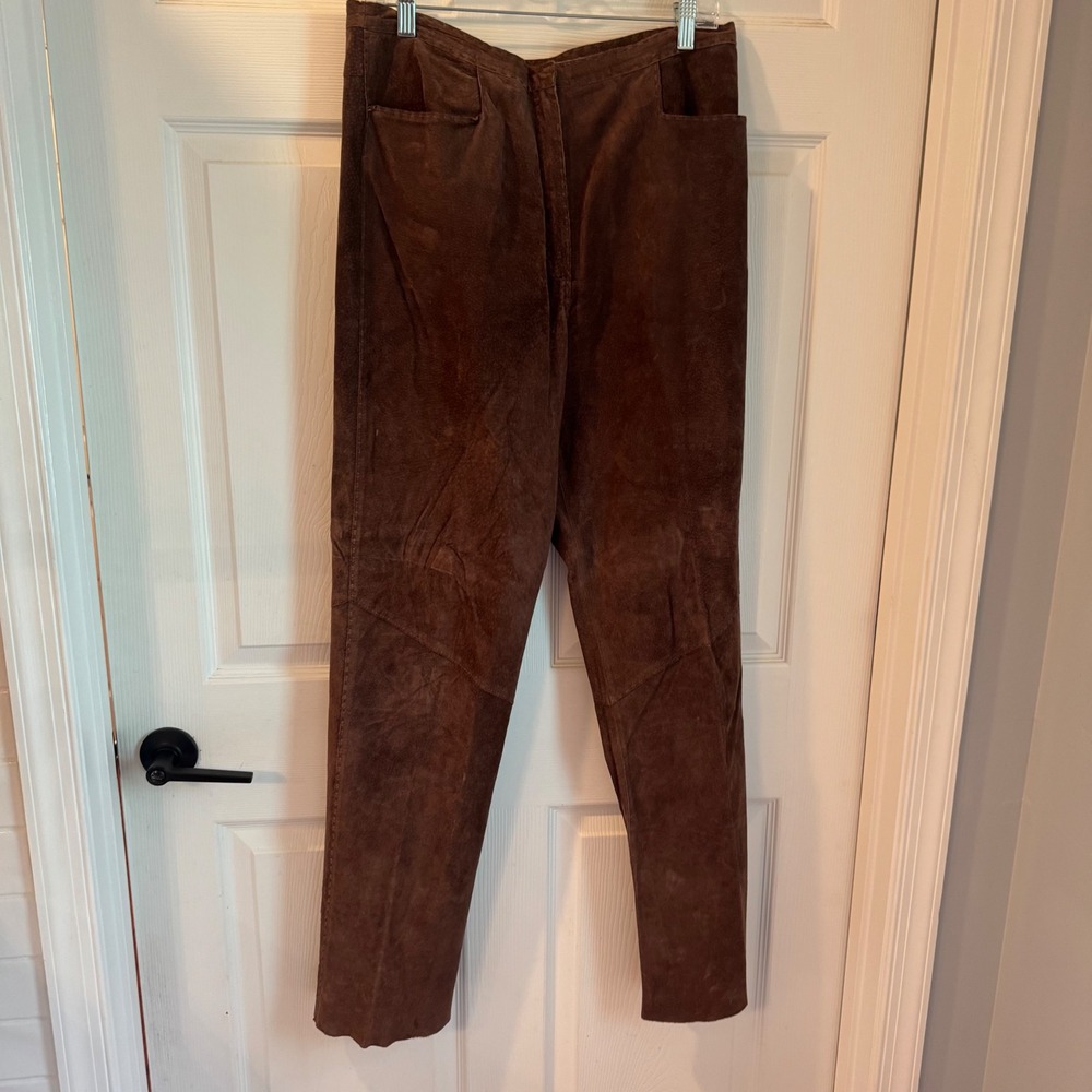 Rebecca Thomas Suede Pants Womens 12 Brown High Rise Straight Leg Leather